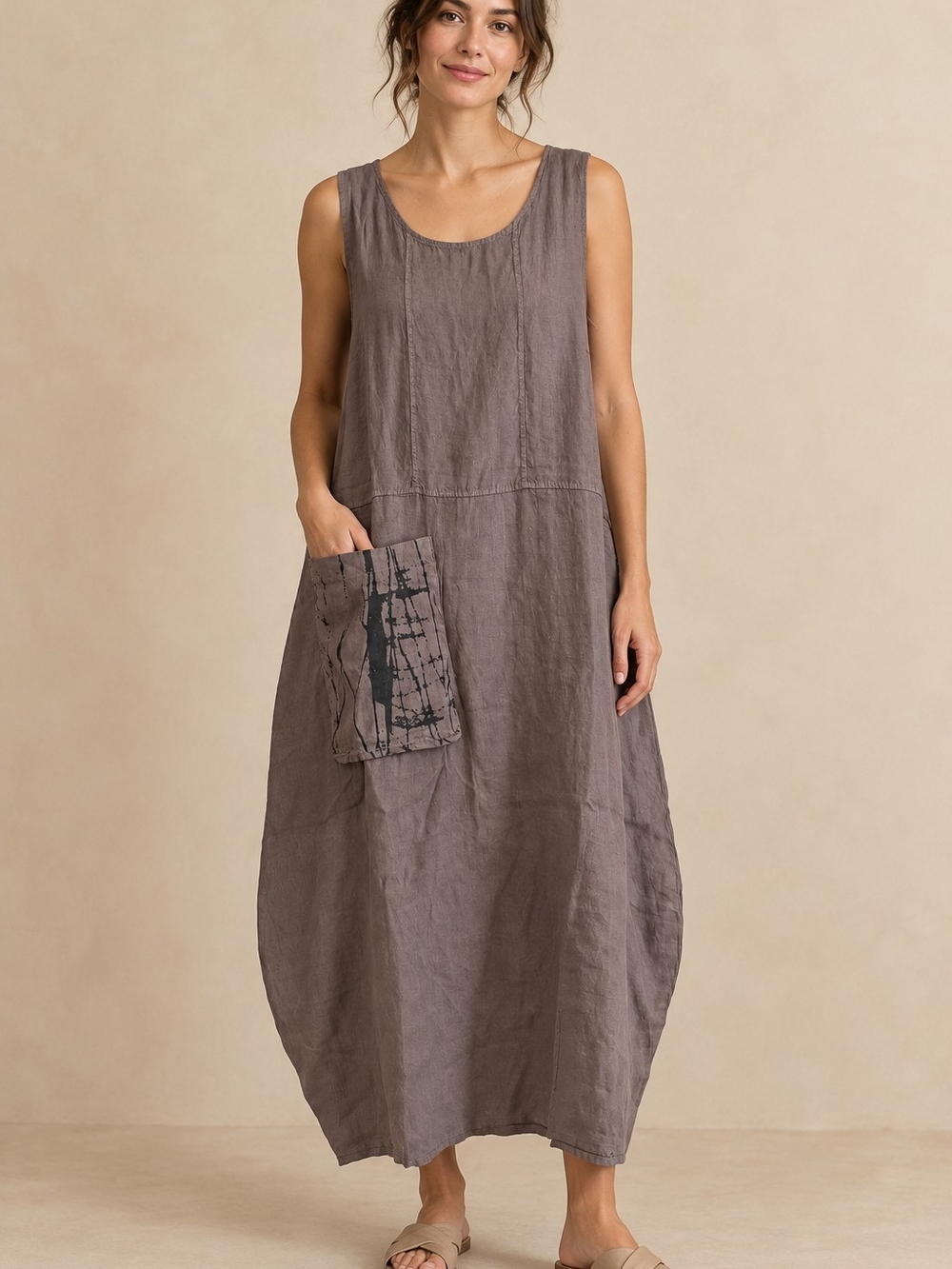 BOBORE Linen Dress Women L/XL Taupe Sleeveless cocoon Lagenlook Pocket Italy NWT